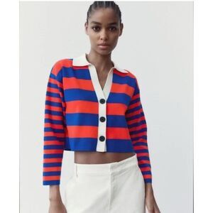 ZARA Striped Knit Cardigan Cropped Sweater, Blue / Red Collar, Women’s L